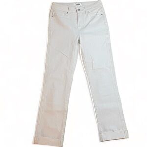 PAIGE Pinstripe Raw Cuff Hem Straight Size 27 Gray White Pants Jeans Woman’s HTF